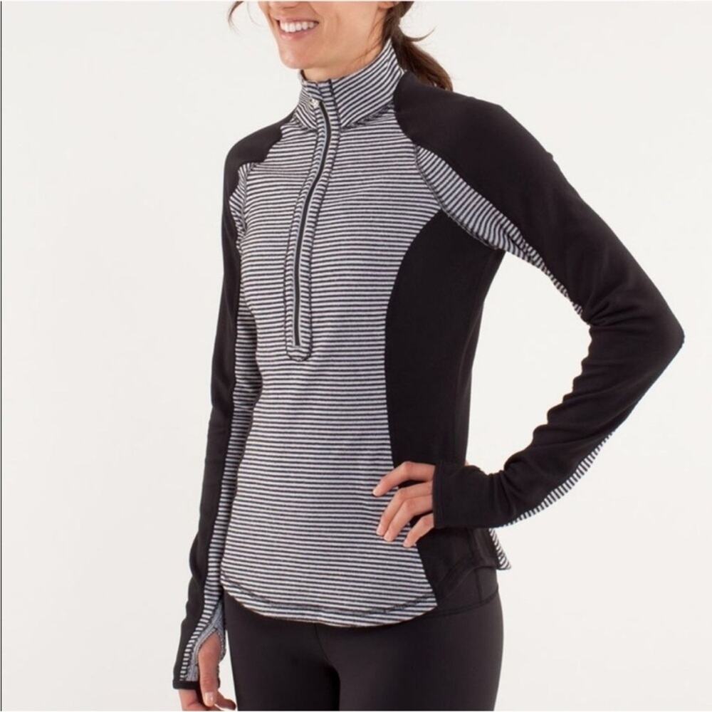 Lululemon Black and White Striped Run U-Turn Half Zip Pullover Top 6